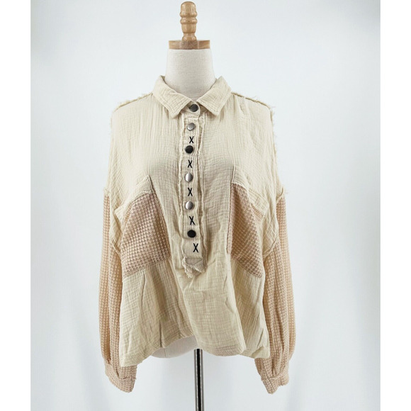 Freckled Poppy X POL Oversized Shirt Small Balloon Sleeve Grunge Boho Button - Picture 1 of 7